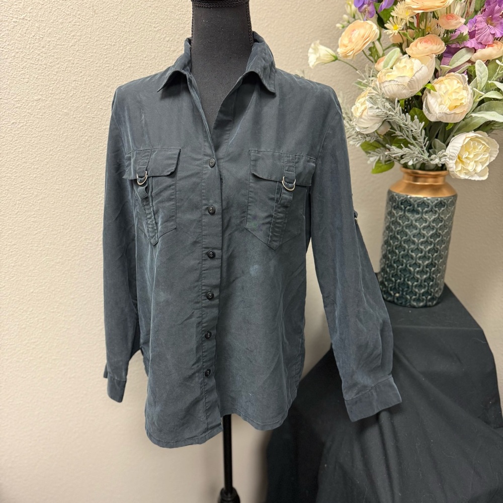 Rafaella Women’s Button Down Utility Shirt – Dark Charcoal Gray, Size Small